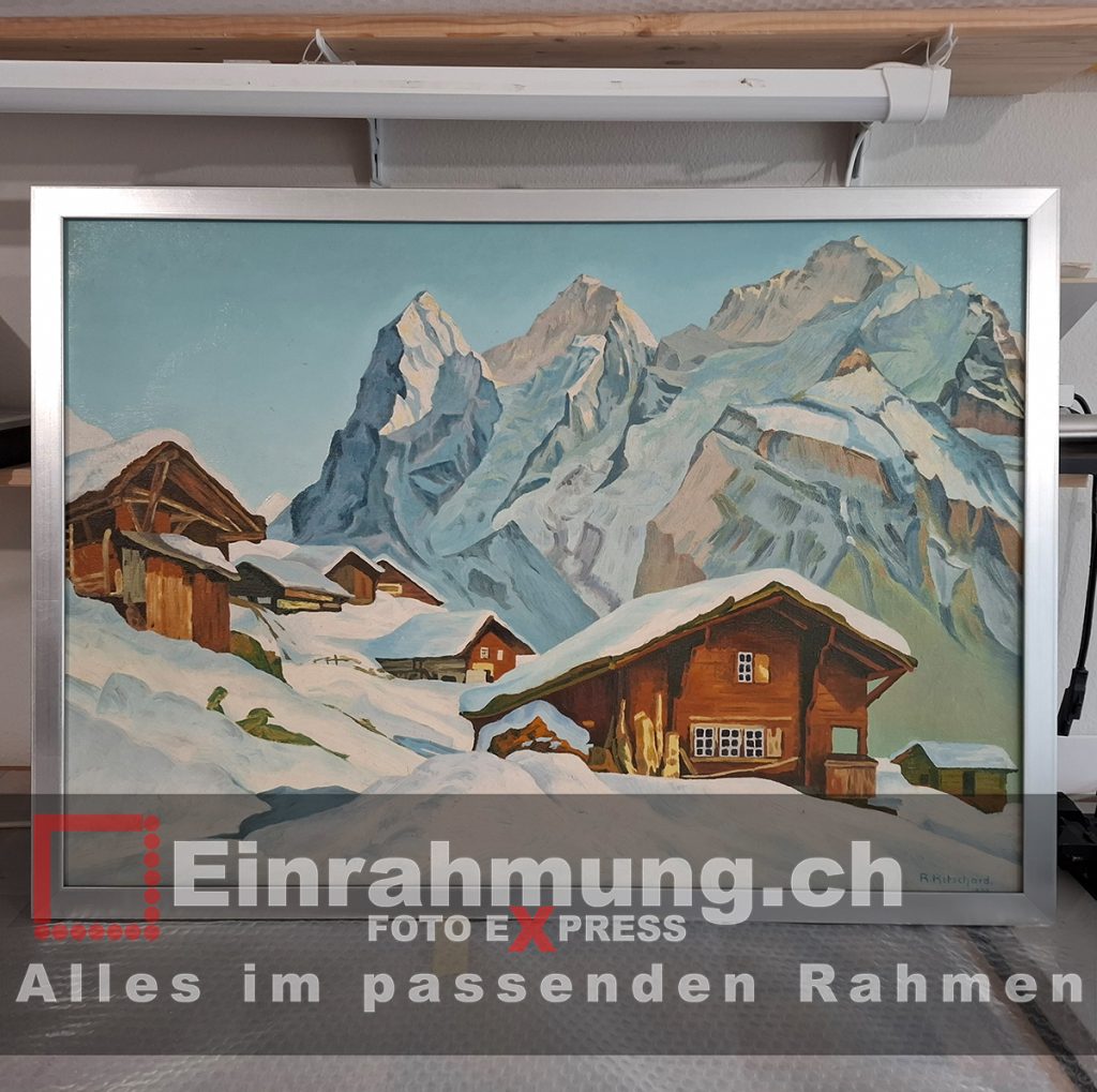 Foto-Express Adliswil Einrahmung - Rahmen Holz Silber mit Blaugrundierung - UV70 Museumsglas_ Bergdorf-Nachher
