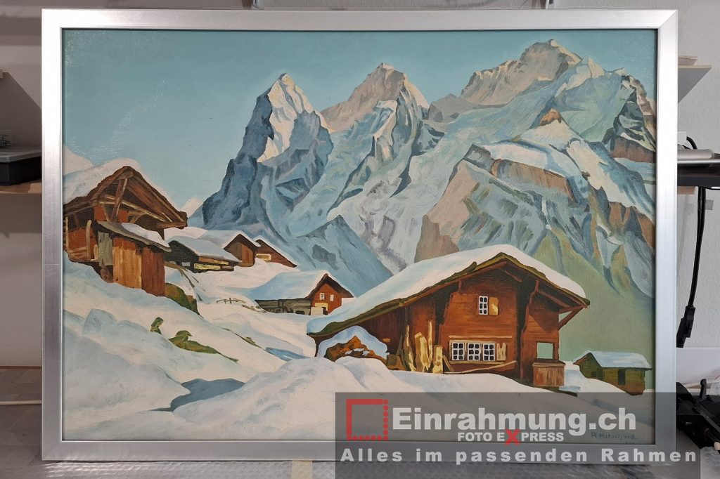 Foto-Express Adliswil Einrahmung - Rahmen Holz Silber mit Blaugrundierung - UV70 Museumsglas_ Bergdorf-Nachher