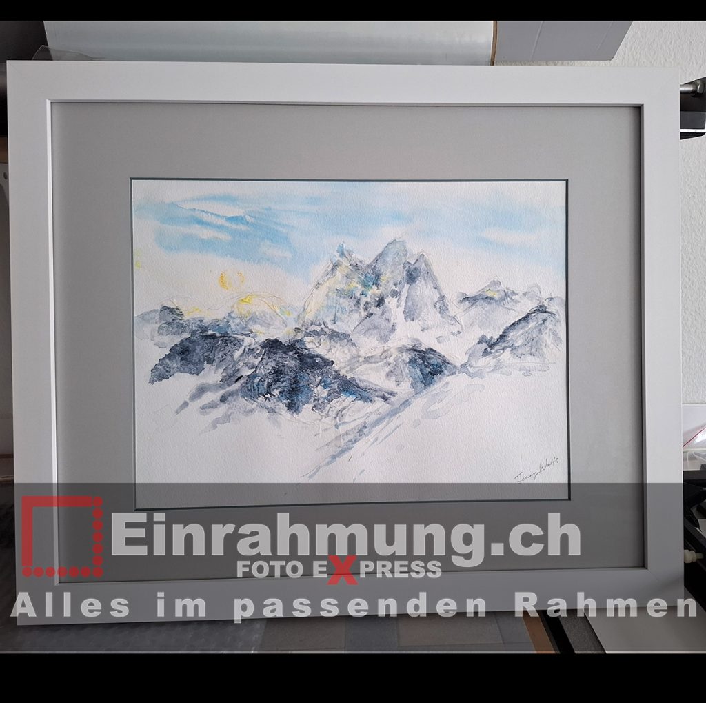 Rahmen Weiss mit Passepartout Grau mit blauem Kern und UV70 Antireflex Glas